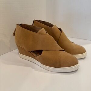 Linea Paolo Tan Suede Wedge Sneaker Ankle Booties Cutout Zipper Back Size 8.5M